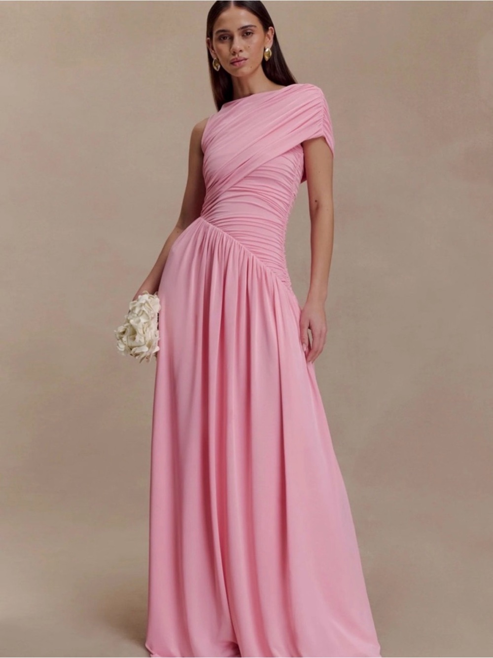 Meshki Ayeshya Asymmetrical One-Shoulder Pink Ruched Gown